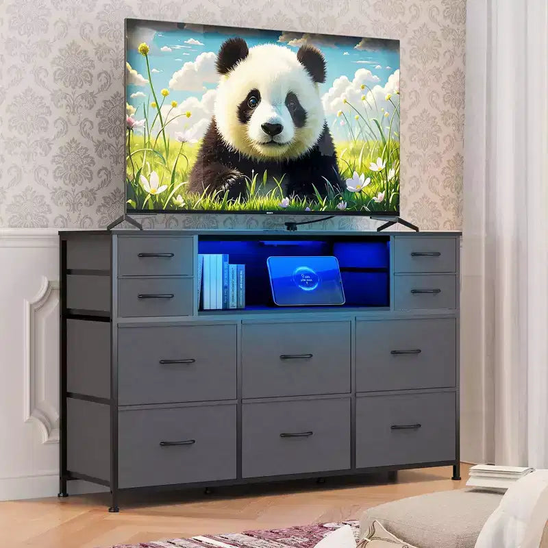 10 Fabric Drawers Dresser, Entertainment Center TV Stand with Power Outlet & LED Light for 45-55 TV, Chest of Drawers with Wood Top for Bedroom