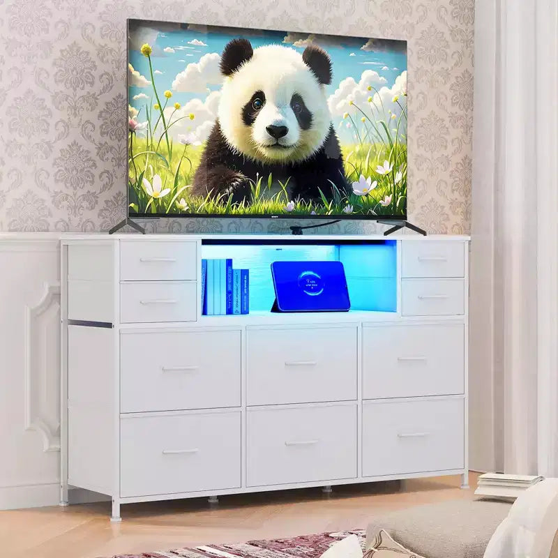 10 Fabric Drawers Dresser, Entertainment Center TV Stand with Power Outlet & LED Light for 45-55 TV, Chest of Drawers with Wood Top for Bedroom