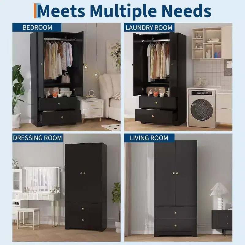 Armoire, Armoire de Rangement pour Vêtements en Bois de 71", 1 Étagère Réglable et 2 Tiroirs, Armoire avec Tringle pour Chambre à Coucher