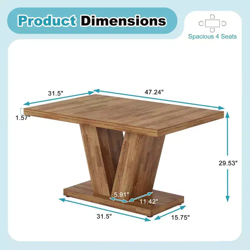 TUYOHW Farmhouse Dining Table for 4-6,Rectangular Kitchen Table with 1.57 Thick Top & Triangle Support,47.2 L,Walnut+Brown