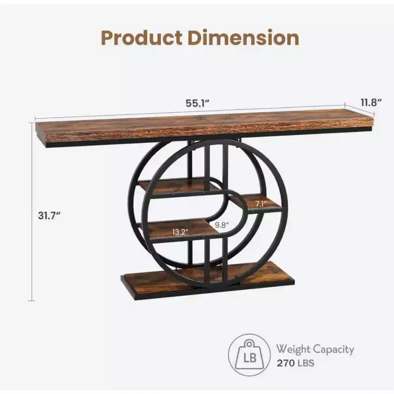 55 Industrial Entryway Table with 5-Tier Storage - O-Shaped Metal Frame Console for Hallway Living Room