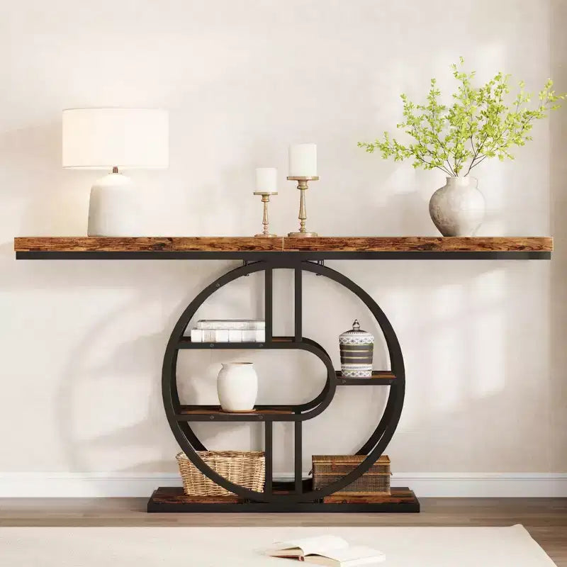 55 Industrial Entryway Table with 5-Tier Storage - O-Shaped Metal Frame Console for Hallway Living Room