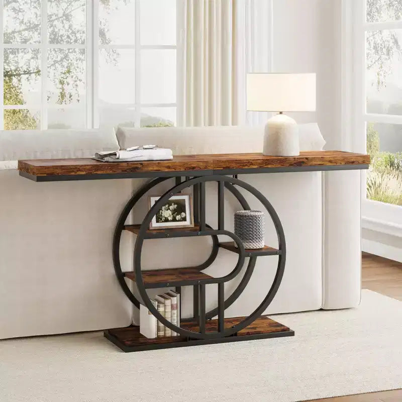 55 Industrial Entryway Table with 5-Tier Storage - O-Shaped Metal Frame Console for Hallway Living Room