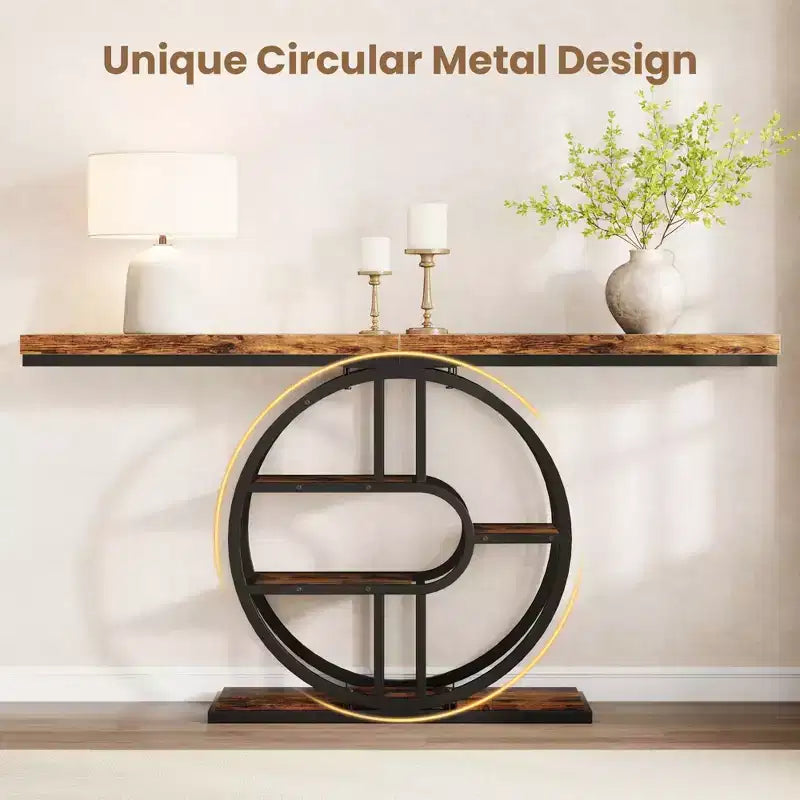55 Industrial Entryway Table with 5-Tier Storage - O-Shaped Metal Frame Console for Hallway Living Room