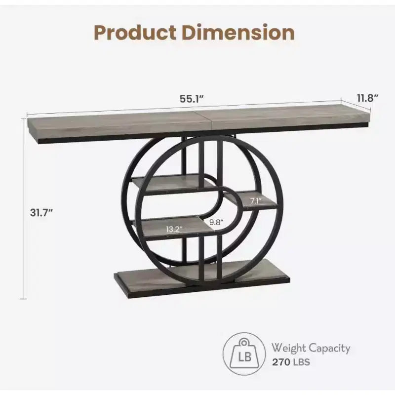 55 Industrial Entryway Table with 5-Tier Storage - O-Shaped Metal Frame Console for Hallway Living Room