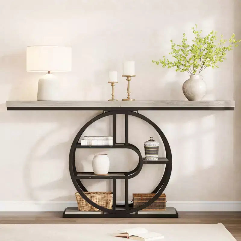 55 Industrial Entryway Table with 5-Tier Storage - O-Shaped Metal Frame Console for Hallway Living Room