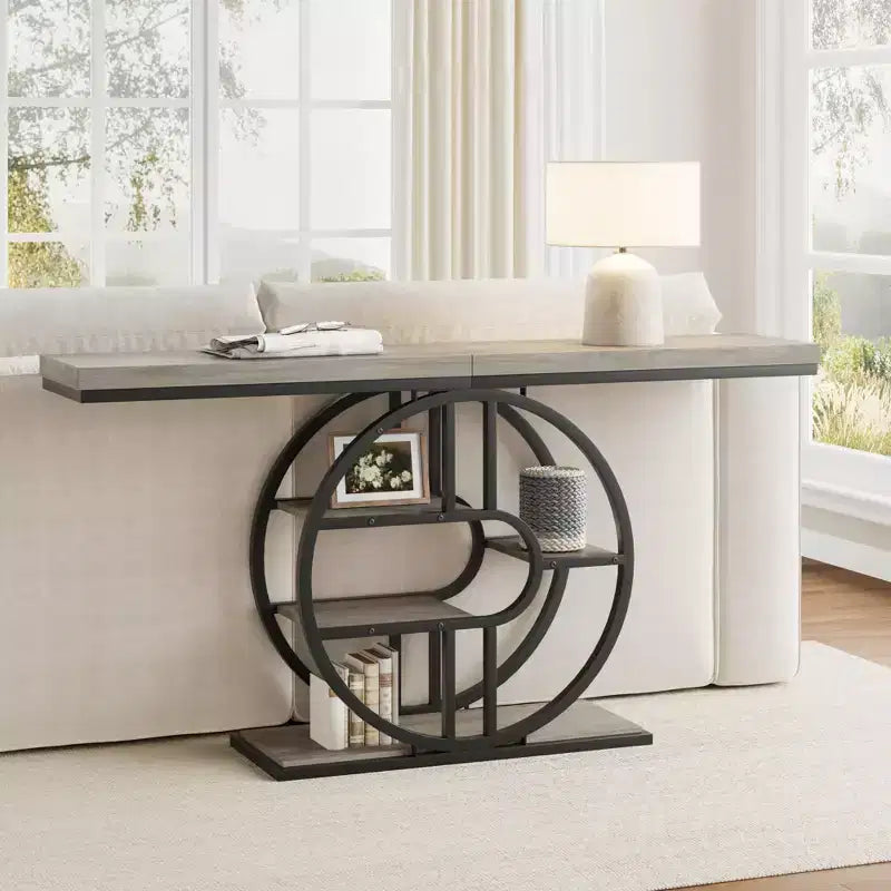55 Industrial Entryway Table with 5-Tier Storage - O-Shaped Metal Frame Console for Hallway Living Room