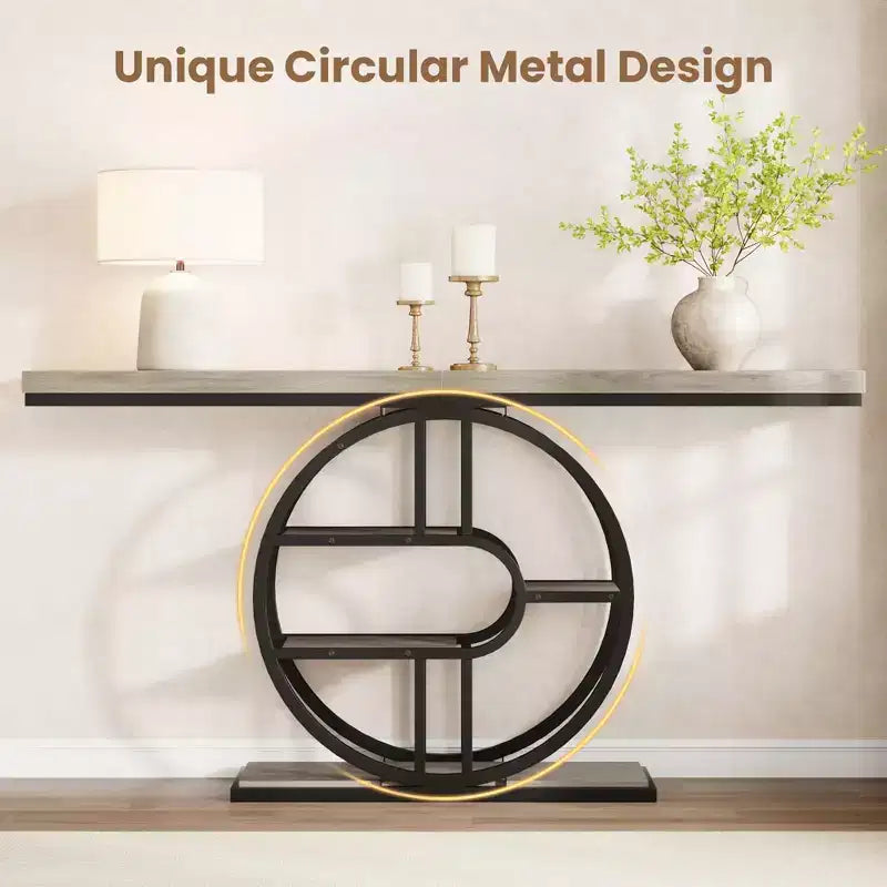 55 Industrial Entryway Table with 5-Tier Storage - O-Shaped Metal Frame Console for Hallway Living Room