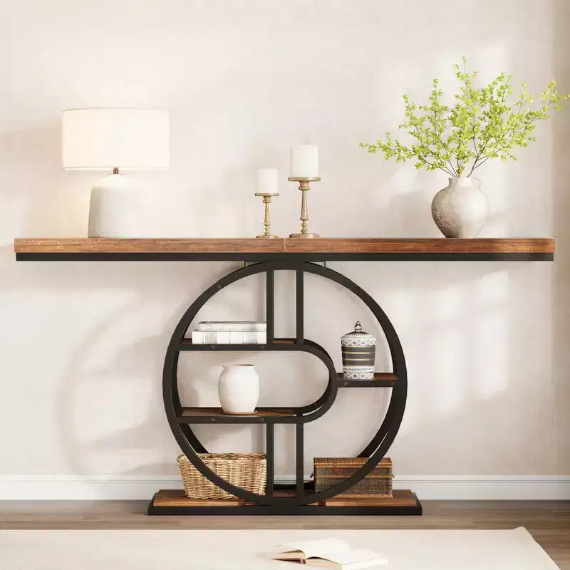 55 Industrial Entryway Table with 5-Tier Storage - O-Shaped Metal Frame Console for Hallway Living Room