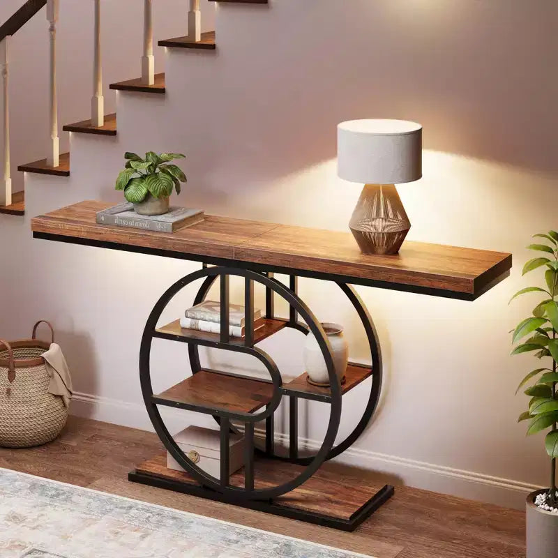 55 Industrial Entryway Table with 5-Tier Storage - O-Shaped Metal Frame Console for Hallway Living Room