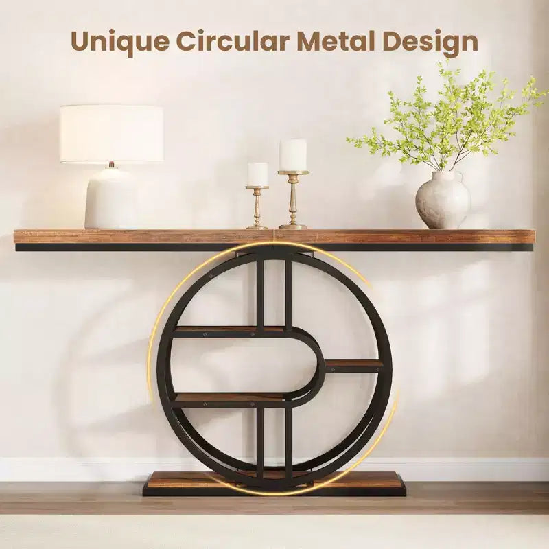 55 Industrial Entryway Table with 5-Tier Storage - O-Shaped Metal Frame Console for Hallway Living Room
