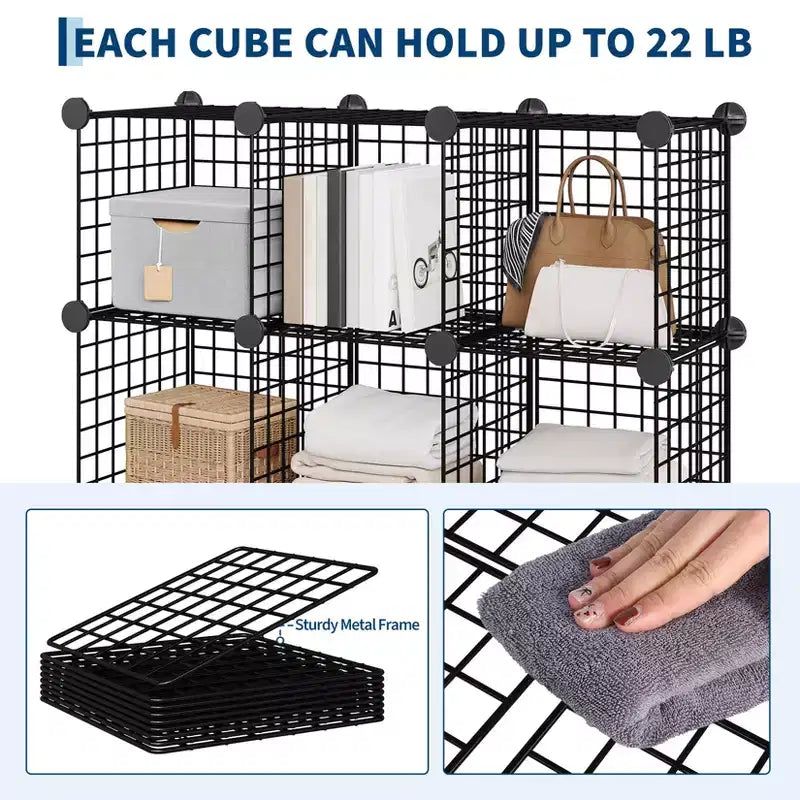 12-Cube Metal Storage Shelf, Wire Cube Storage Organizer, for Closet Study Bedroom Office