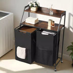 2 Section Rolling Laundry Sorter with Wood Top and Removable Hamper Bags