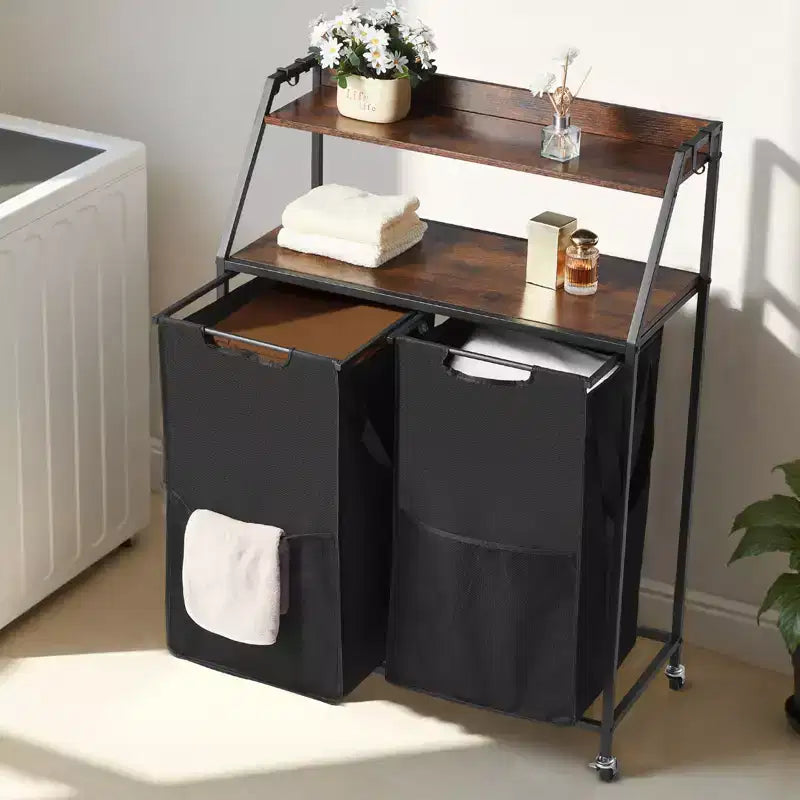 2 Section Rolling Laundry Sorter with Wood Top and Removable Hamper Bags