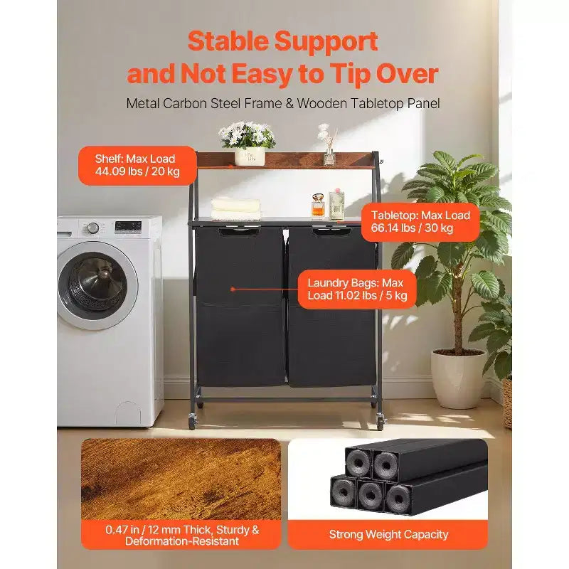 2 Section Rolling Laundry Sorter with Wood Top and Removable Hamper Bags