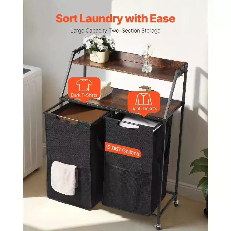 2 Section Rolling Laundry Sorter with Wood Top and Removable Hamper Bags