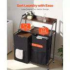 2 Section Rolling Laundry Sorter with Wood Top and Removable Hamper Bags
