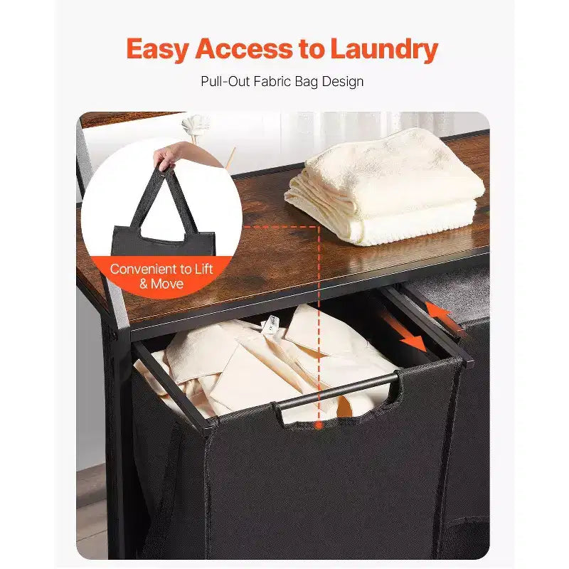 2 Section Rolling Laundry Sorter with Wood Top and Removable Hamper Bags