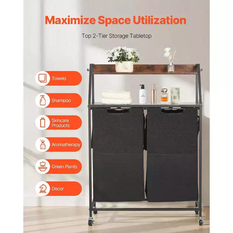 2 Section Rolling Laundry Sorter with Wood Top and Removable Hamper Bags