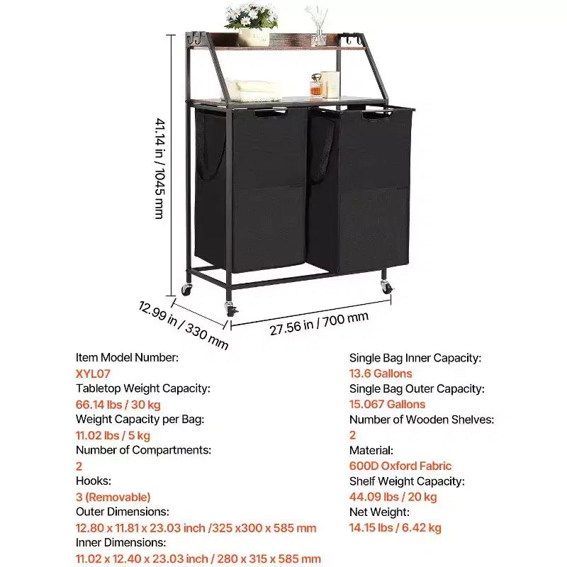 2 Section Rolling Laundry Sorter with Wood Top and Removable Hamper Bags