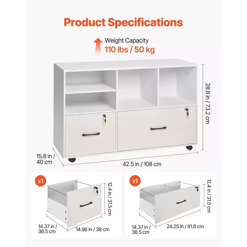 2-Drawer Wooden File Cabinet with Wheels Lockable Lateral Filing with Open Shelves Printer Stand White