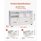 2-Drawer Wooden File Cabinet with Wheels Lockable Lateral Filing with Open Shelves Printer Stand White