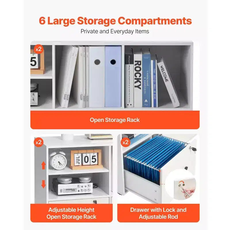 2-Drawer Wooden File Cabinet with Wheels Lockable Lateral Filing with Open Shelves Printer Stand White