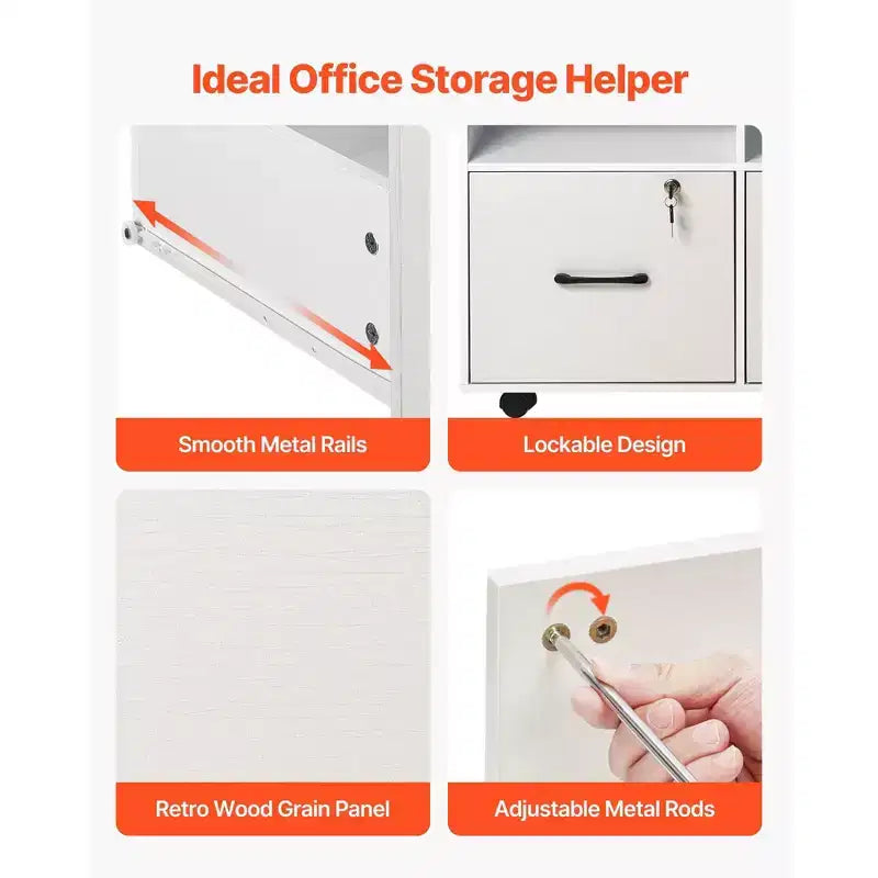 2-Drawer Wooden File Cabinet with Wheels Lockable Lateral Filing with Open Shelves Printer Stand White