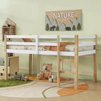 Twin Size Loft Bed with Ladder for Kids Teens, Wooden Loft Bed Frame with Strengthened Slats for Bedroom, Natural+White