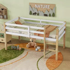 Twin Size Loft Bed with Ladder for Kids Teens, Wooden Loft Bed Frame with Strengthened Slats for Bedroom, Natural+White