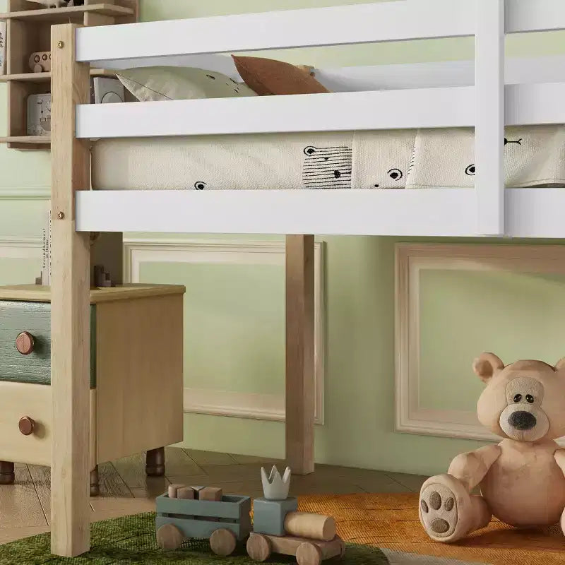 Twin Size Loft Bed with Ladder for Kids Teens, Wooden Loft Bed Frame with Strengthened Slats for Bedroom, Natural+White