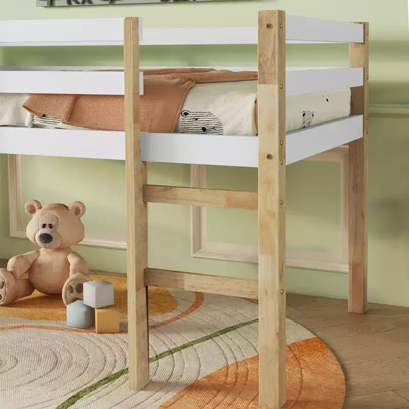 Twin Size Loft Bed with Ladder for Kids Teens, Wooden Loft Bed Frame with Strengthened Slats for Bedroom, Natural+White