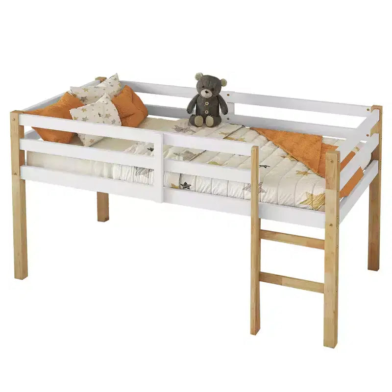 Twin Size Loft Bed with Ladder for Kids Teens, Wooden Loft Bed Frame with Strengthened Slats for Bedroom, Natural+White