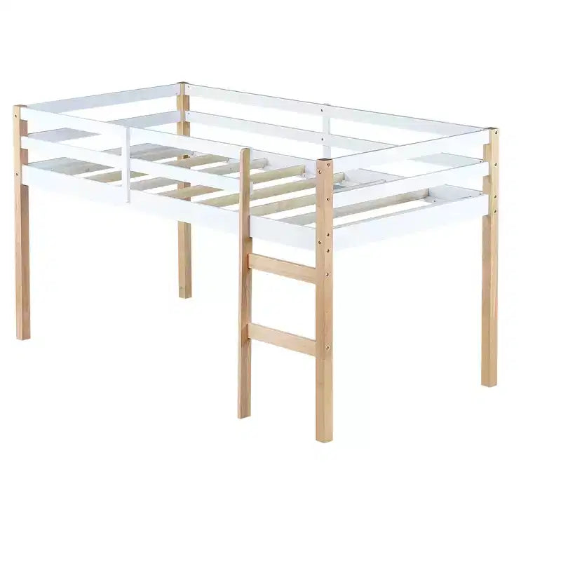 Twin Size Loft Bed with Ladder for Kids Teens, Wooden Loft Bed Frame with Strengthened Slats for Bedroom, Natural+White