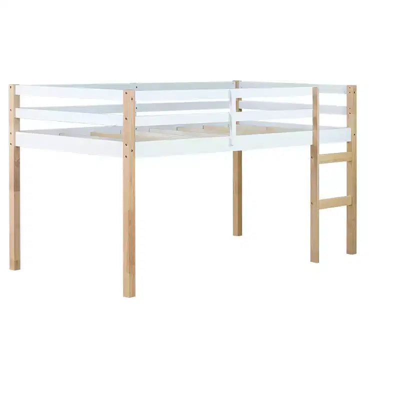 Twin Size Loft Bed with Ladder for Kids Teens, Wooden Loft Bed Frame with Strengthened Slats for Bedroom, Natural+White
