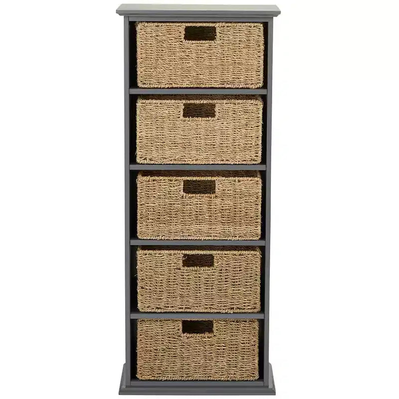 The Lakeside Collection Wooden Shelving Unit with Seagrass Drawers -