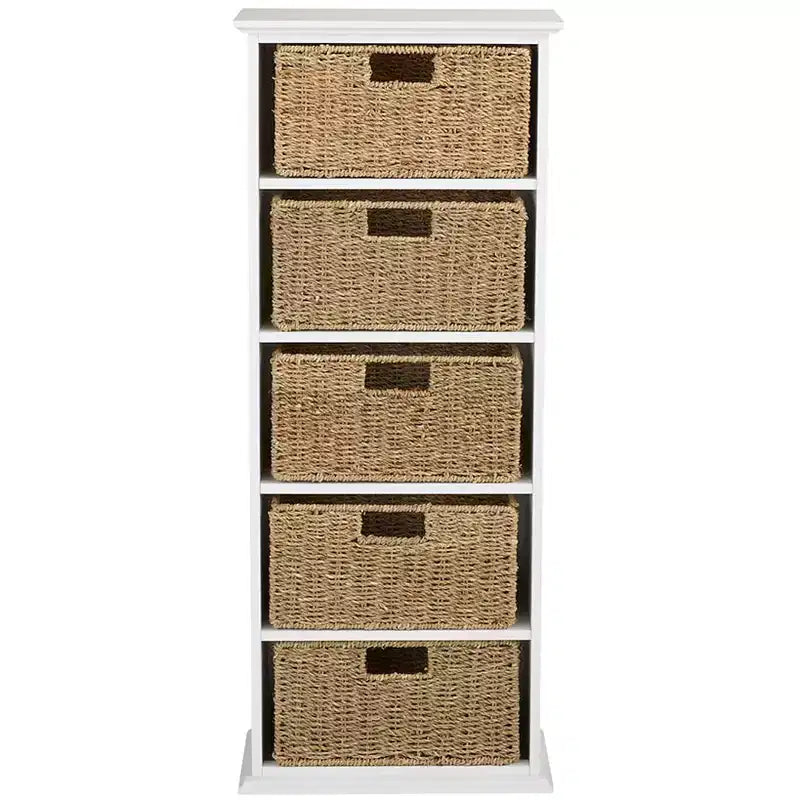 The Lakeside Collection Wooden Shelving Unit with Seagrass Drawers -