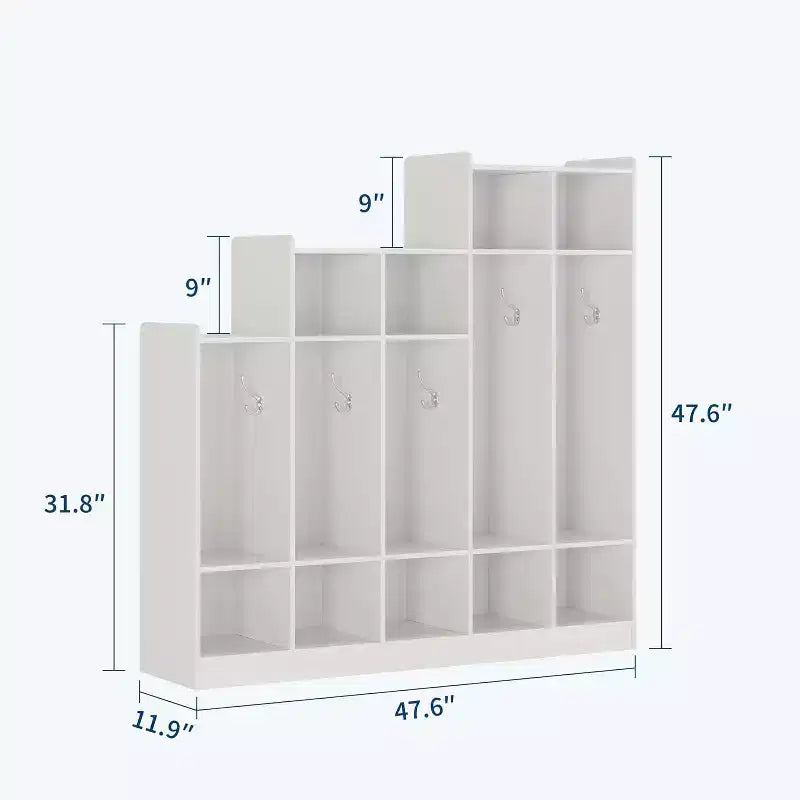 5-Section Classroom Coat Locker with 9 Cubbies, Daycare Cubby Storage Organizer with 10 Hooks for Home, School, Nursery, Kindergarten