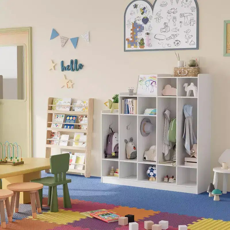 5-Section Classroom Coat Locker with 9 Cubbies, Daycare Cubby Storage Organizer with 10 Hooks for Home, School, Nursery, Kindergarten