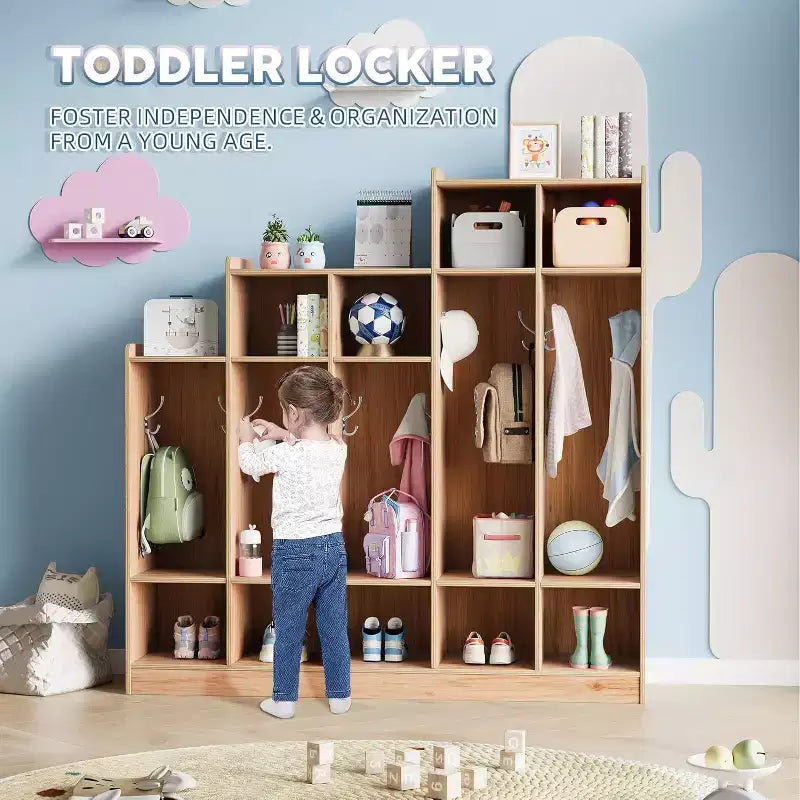 5-Section Classroom Coat Locker with 9 Cubbies, Daycare Cubby Storage Organizer with 10 Hooks for Home, School, Nursery, Kindergarten