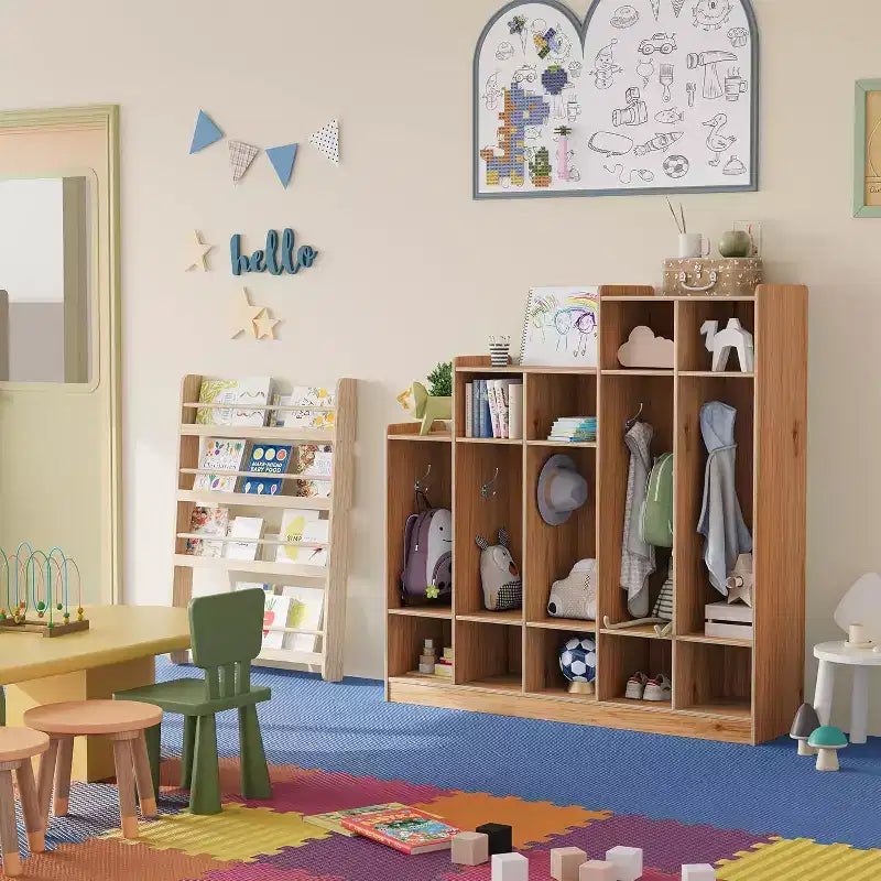 5-Section Classroom Coat Locker with 9 Cubbies, Daycare Cubby Storage Organizer with 10 Hooks for Home, School, Nursery, Kindergarten