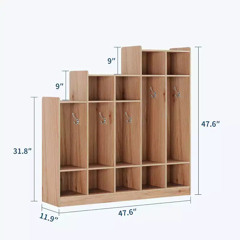 5-Section Classroom Coat Locker with 9 Cubbies, Daycare Cubby Storage Organizer with 10 Hooks for Home, School, Nursery, Kindergarten