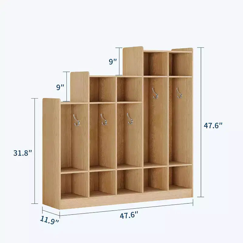 5-Section Classroom Coat Locker with 9 Cubbies, Daycare Cubby Storage Organizer with 10 Hooks for Home, School, Nursery, Kindergarten