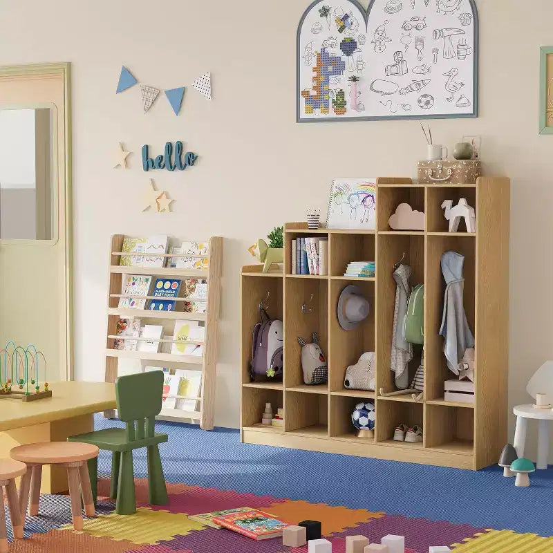 5-Section Classroom Coat Locker with 9 Cubbies, Daycare Cubby Storage Organizer with 10 Hooks for Home, School, Nursery, Kindergarten