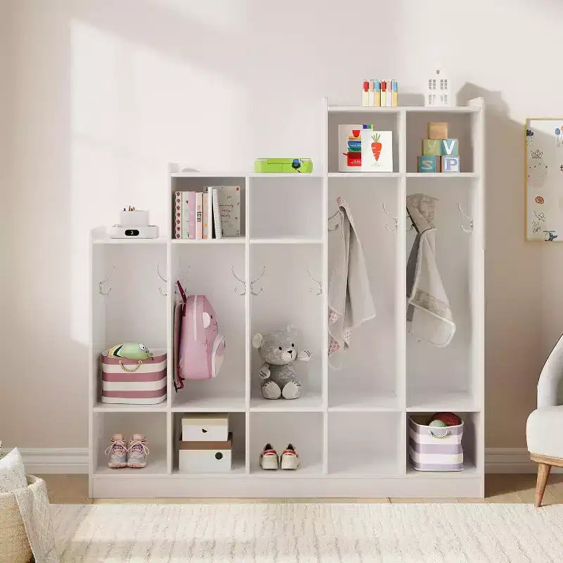 5-Section Classroom Coat Locker with 9 Cubbies, Daycare Cubby Storage Organizer with 10 Hooks for Home, School, Nursery, Kindergarten