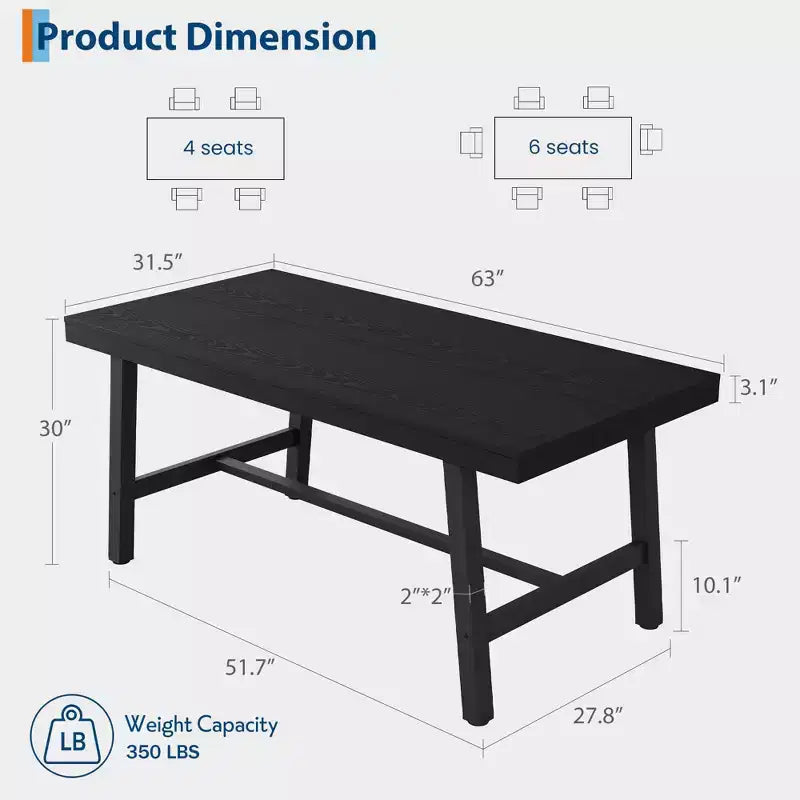 Industrial Dining Table for 4-6 People, 63 Long Wooden Kitchen Table with Sturdy Metal Frame & Rustic Brown Finish - Seats 4 Rectangular Counter