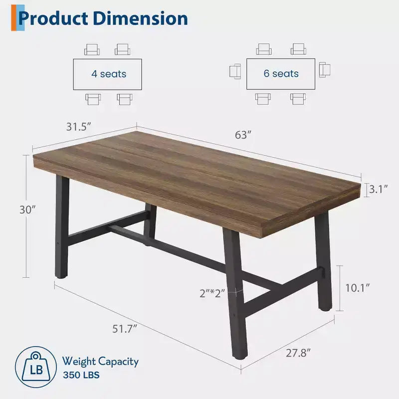 Industrial Dining Table for 4-6 People, 63 Long Wooden Kitchen Table with Sturdy Metal Frame & Rustic Brown Finish - Seats 4 Rectangular Counter