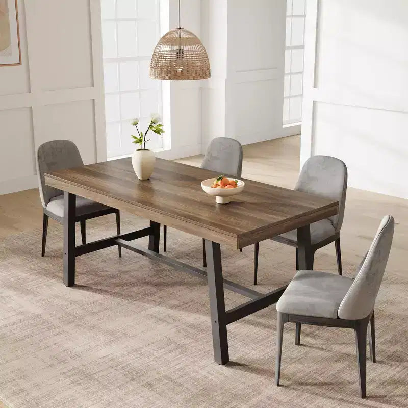Industrial Dining Table for 4-6 People, 63 Long Wooden Kitchen Table with Sturdy Metal Frame & Rustic Brown Finish - Seats 4 Rectangular Counter
