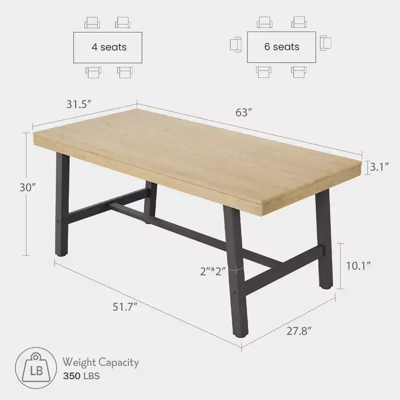 Industrial Dining Table for 4-6 People, 63 Long Wooden Kitchen Table with Sturdy Metal Frame & Rustic Brown Finish - Seats 4 Rectangular Counter