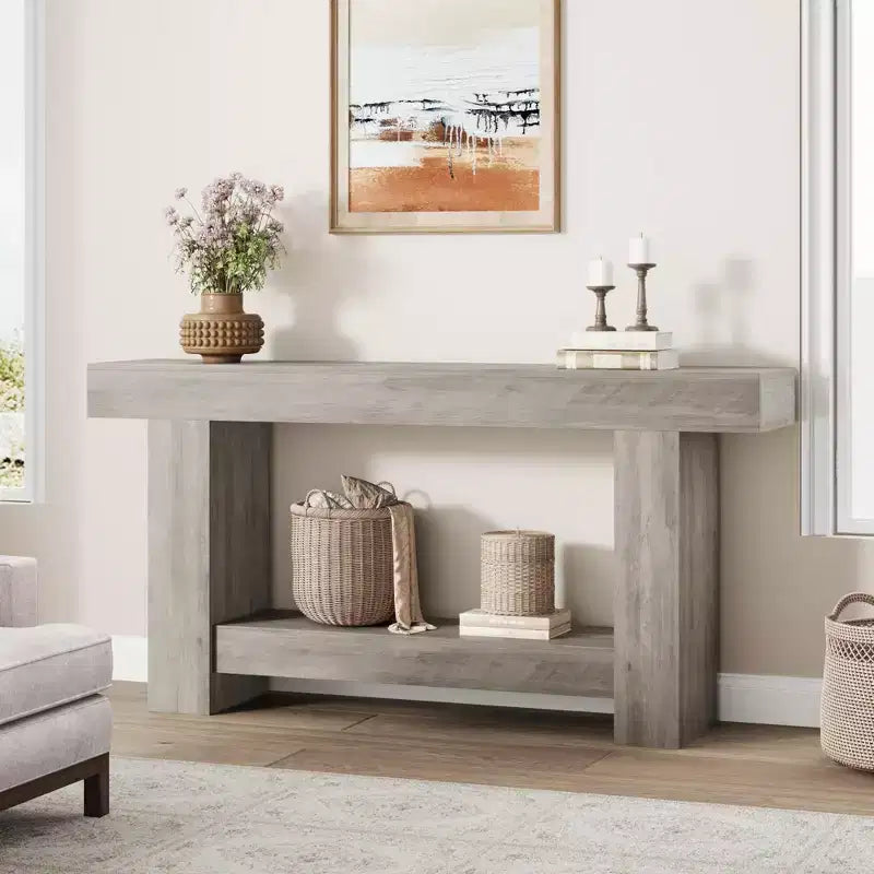 Entryway Console Table, Farmhouse 2-Tier Entryway Table, Long Sofa Accent Table Behind Couch Table with Open Storage for Entrance, Living Room, 63